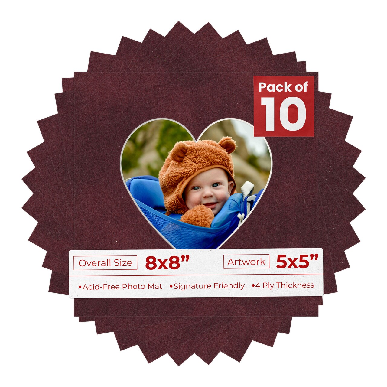 Dark Red Suede Mat Board for 8x8 Frames - Heart Opening for 5x5 Photos